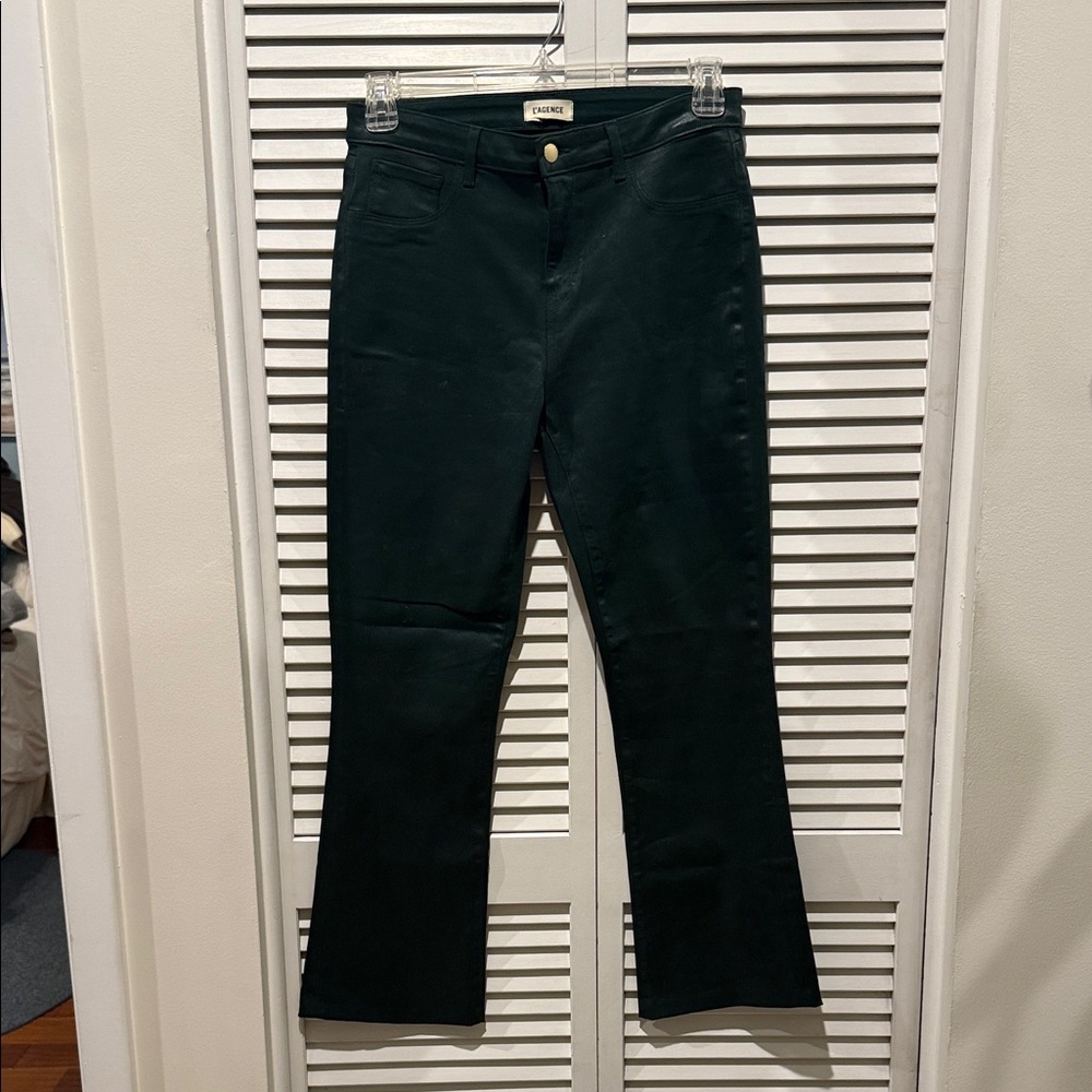 L’AGENCE Dark Green Cropped Coated Flare Jeans